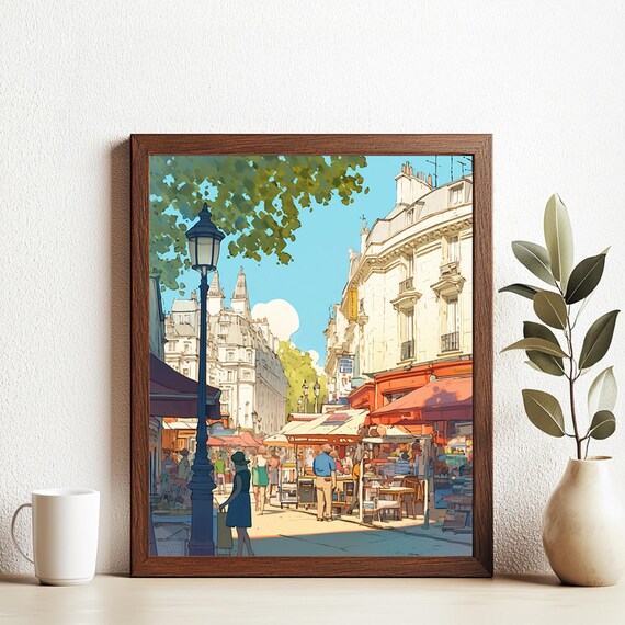 European Street Market with Lamp Post Watercolor City Scene Art Poster