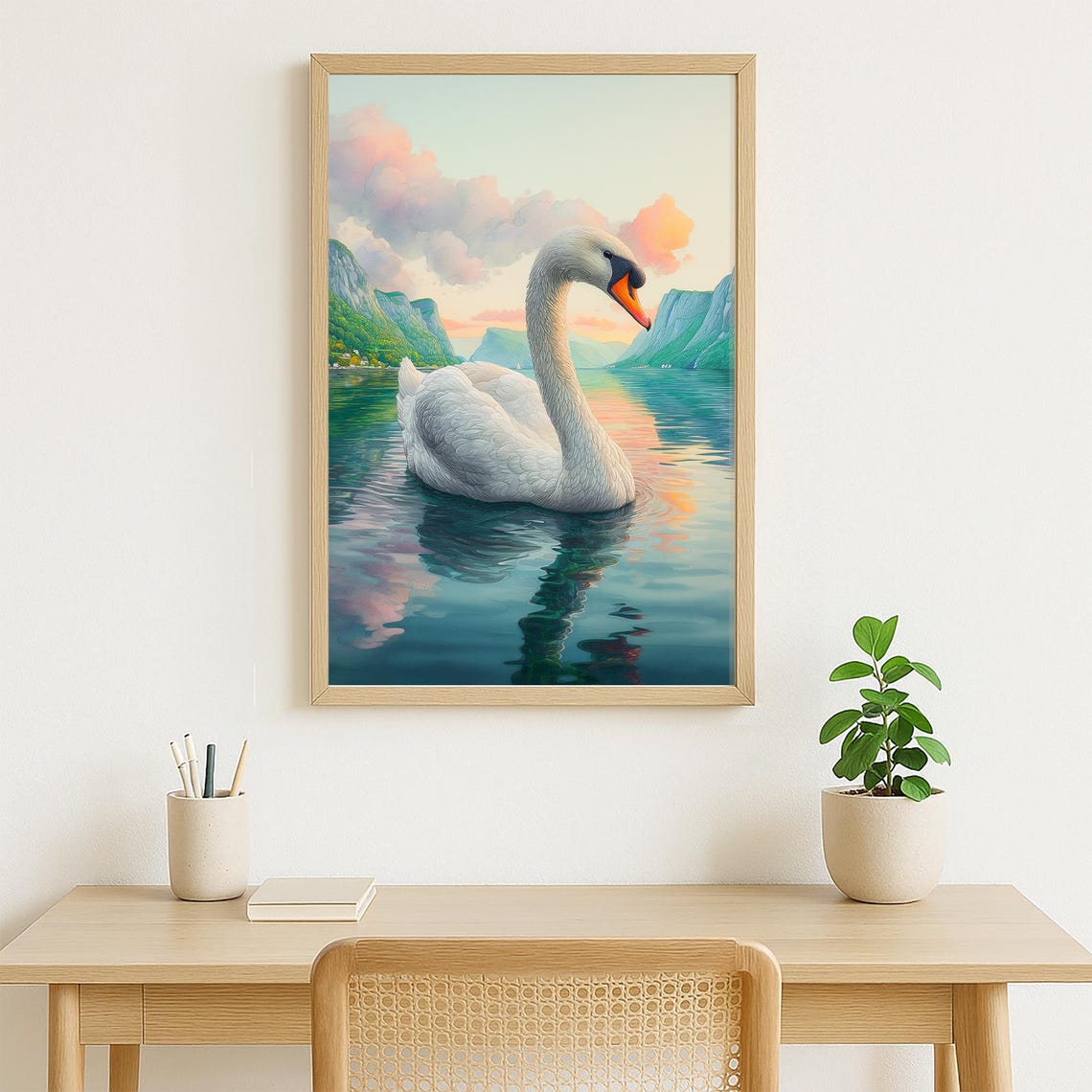 Elegant White Swan At Sunset Lake With Green Cliffs Watercolor Poster - Image 4