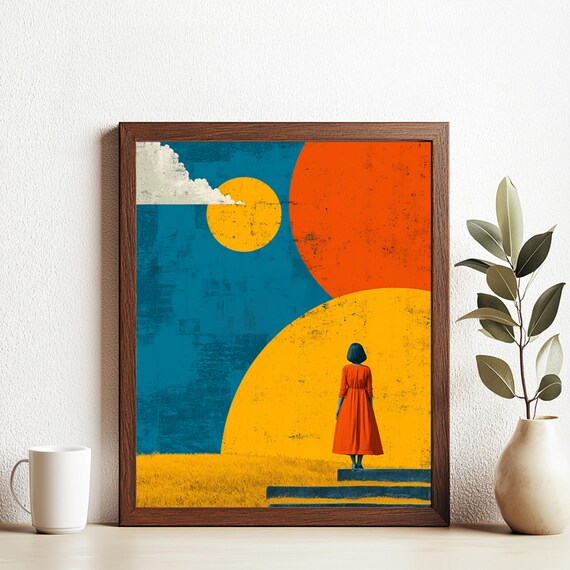 Surreal Mid Century Modern Wall Art Woman Journey Poster Retro Geometric Print Abstract Feminine 4x5 Ratio