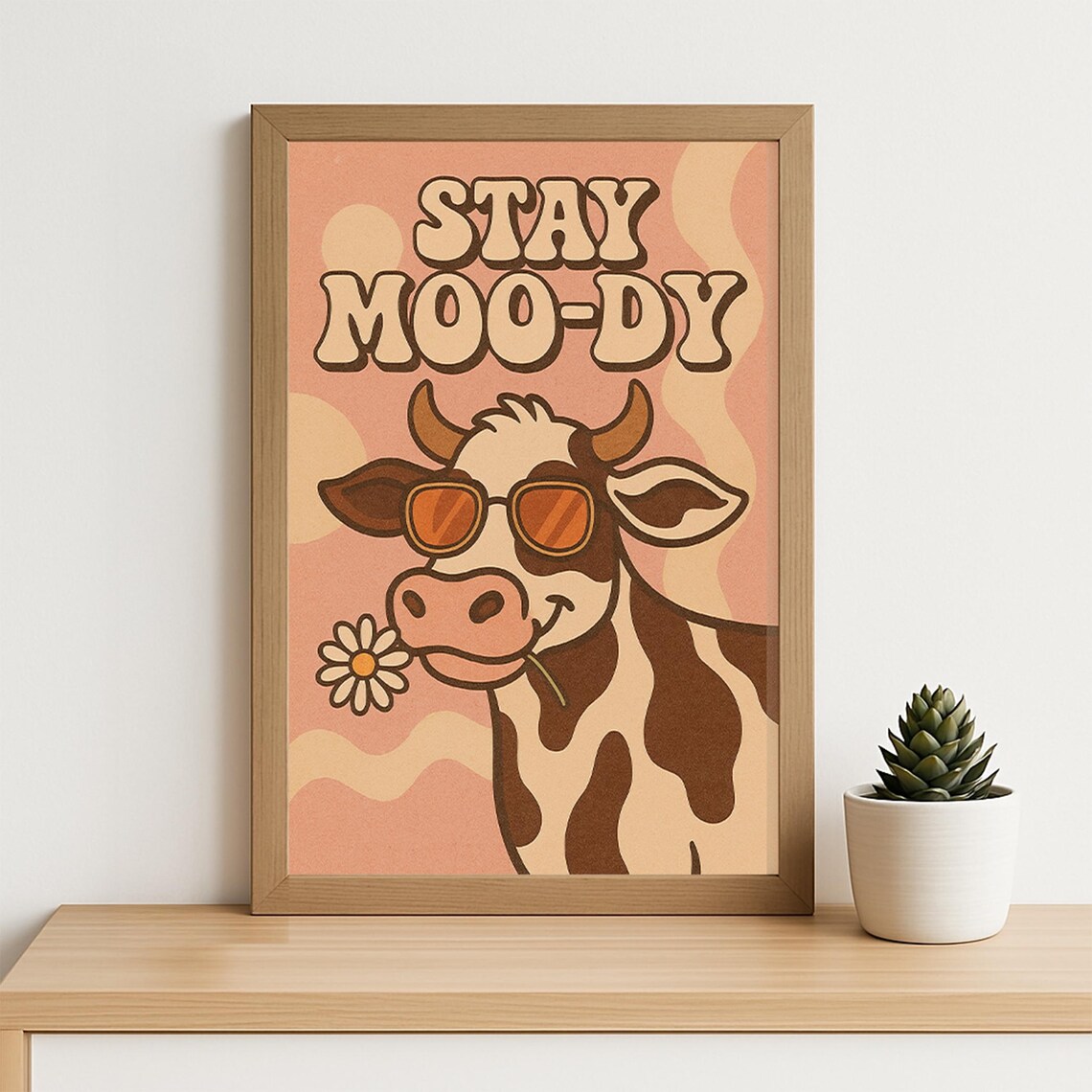 Stay Moody Cow Funny Retro Groovy 70s Cute Animal Quote Poster