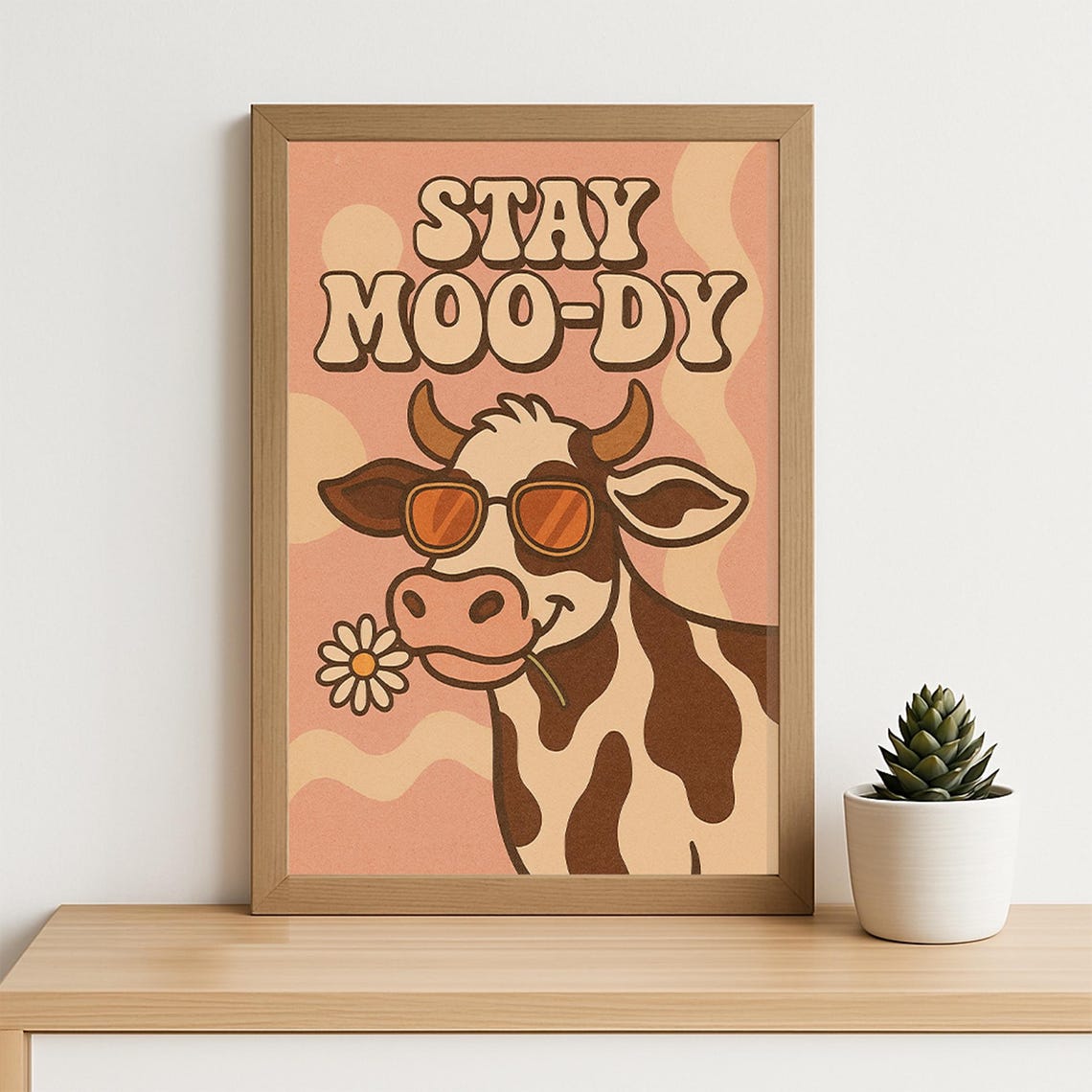 Stay Moody Cow Wall Art Funny Retro Groovy Animal Poster 70s Style Cute Dairy Kitchen Decor