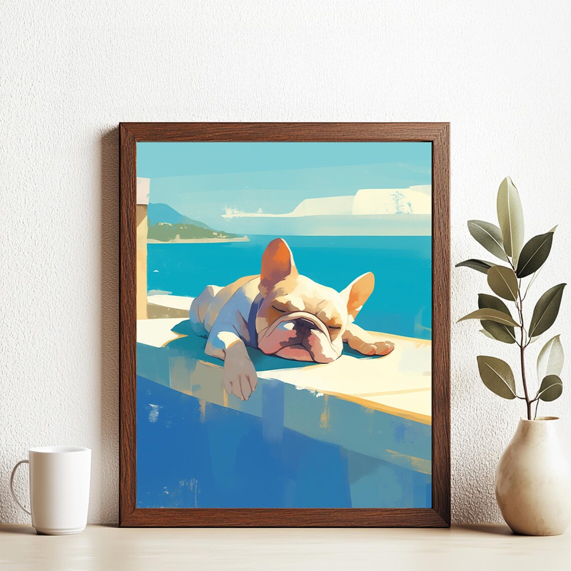 Cream French Bulldog Napping by the Pool Sunny Coastal Wall Art