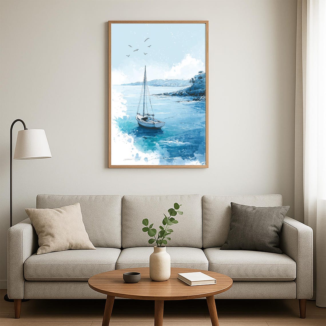 Lone Sailboat Sparkling Blue Ocean Waves Watercolor Art Poster - Image 3