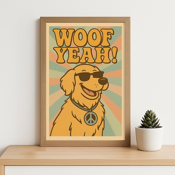 Woof Yeah Retro Dog Poster Funny 70s Groovy Pet Wall Art Hippie Style Golden Retriever Decor Animal