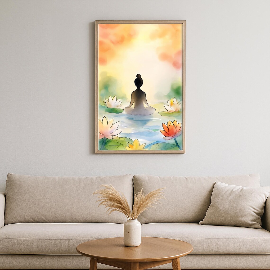 Zen Meditation Lotus Pond Watercolor Peaceful Sunrise Floral Poster - Image 2