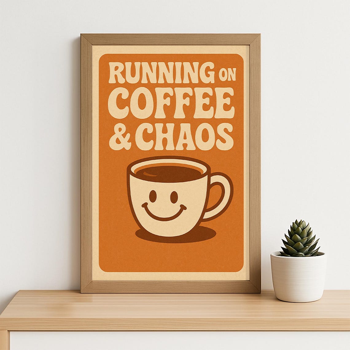 Running On Coffee Chaos Poster Funny Retro Wall Art 70s Groovy Kitchen Print