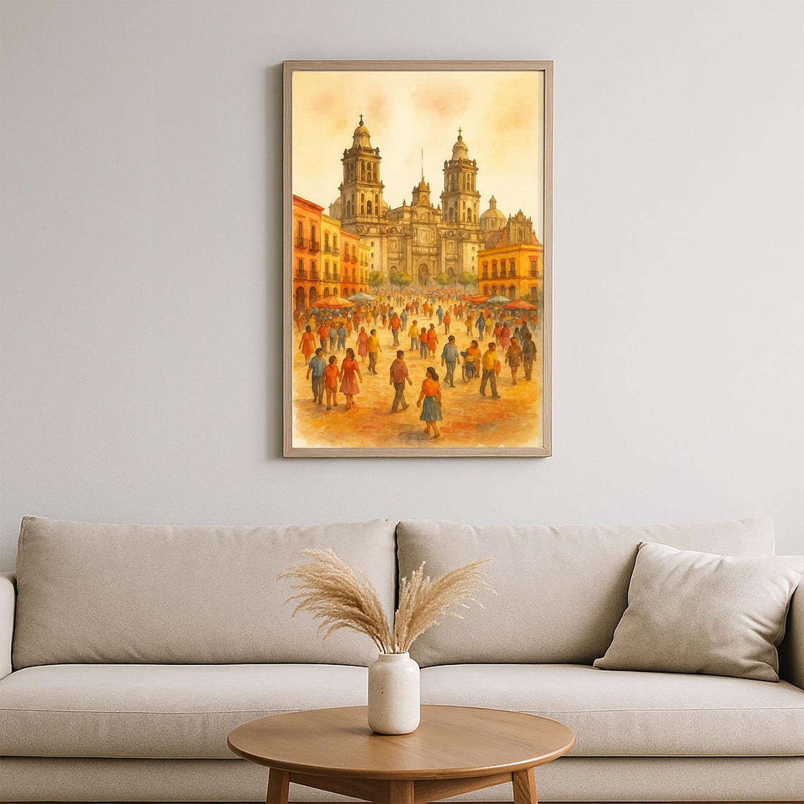 Watercolor Painting Of Mexico City Zcalo Historic Cathedral Plaza Urban Street Market Scene Vibrant Latin Wall Art Print - Image 2