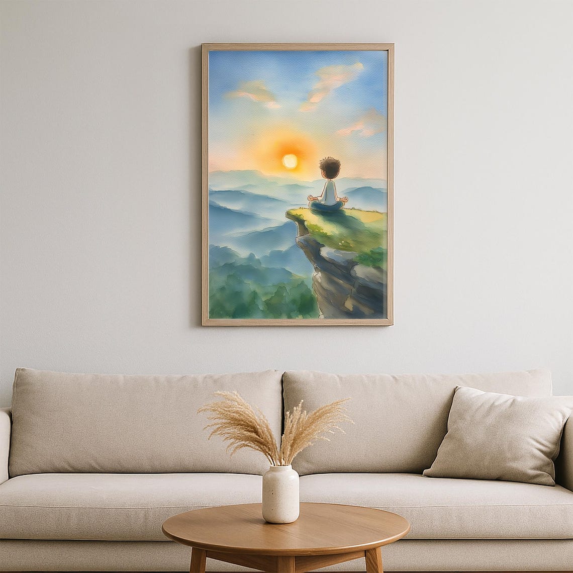 Boy Meditating Sunrise Cliff Misty Mountains Watercolor Poster - Image 2