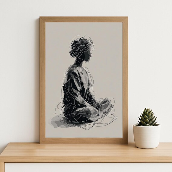 Abstract Meditation Line Art Print Minimalist Zen Portrait Modern Black And White Figure Wall