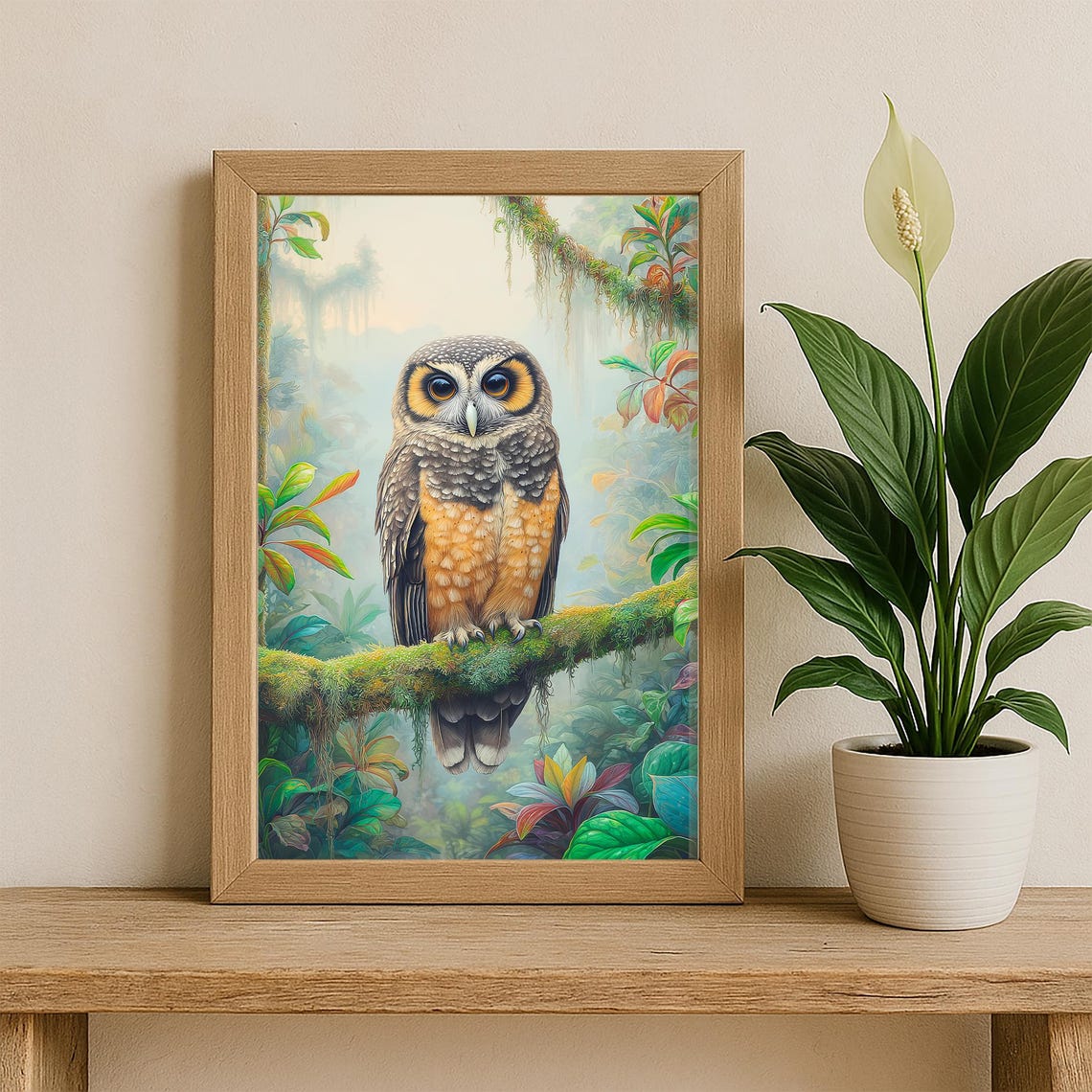 Tropical Owl Perched On Mossy Branch Rainforest Jungle Bird Poster - Image 2
