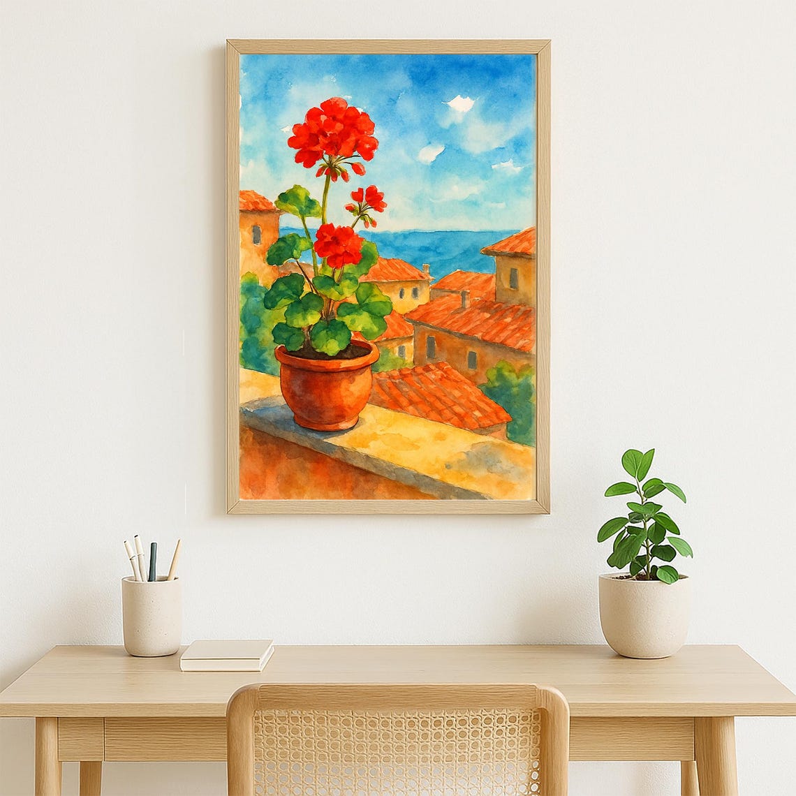 Red Geranium In Terracotta Pot Mediterranean Rooftops Sea Poster - Image 3