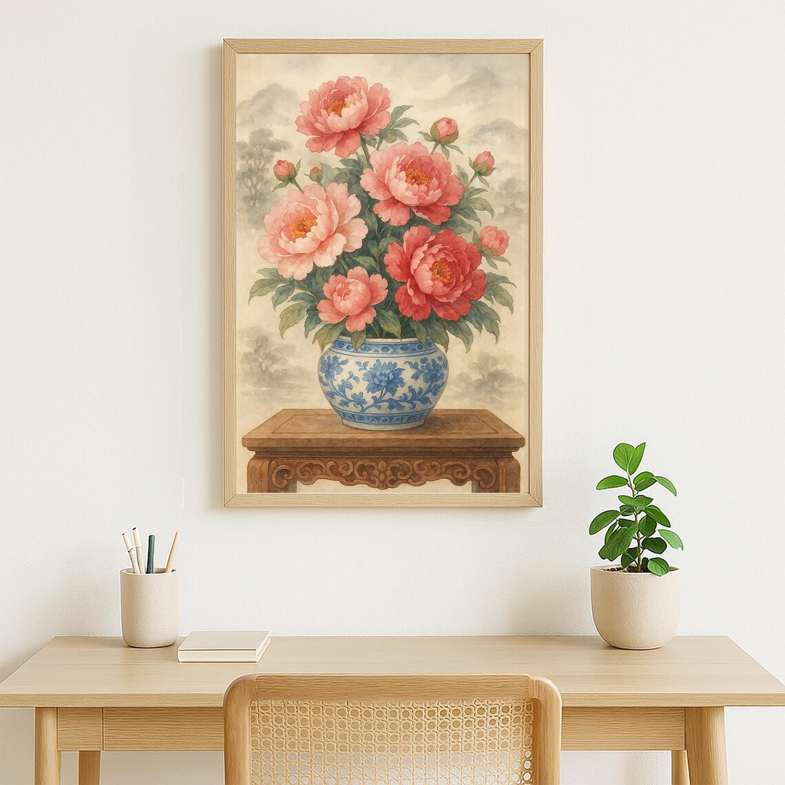 Pink Peony Blooms In Blue Porcelain Vase Traditional Chinese Poster - Image 4