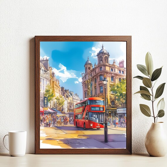 London Red Double Decker Bus Busy Street Watercolor City Poster