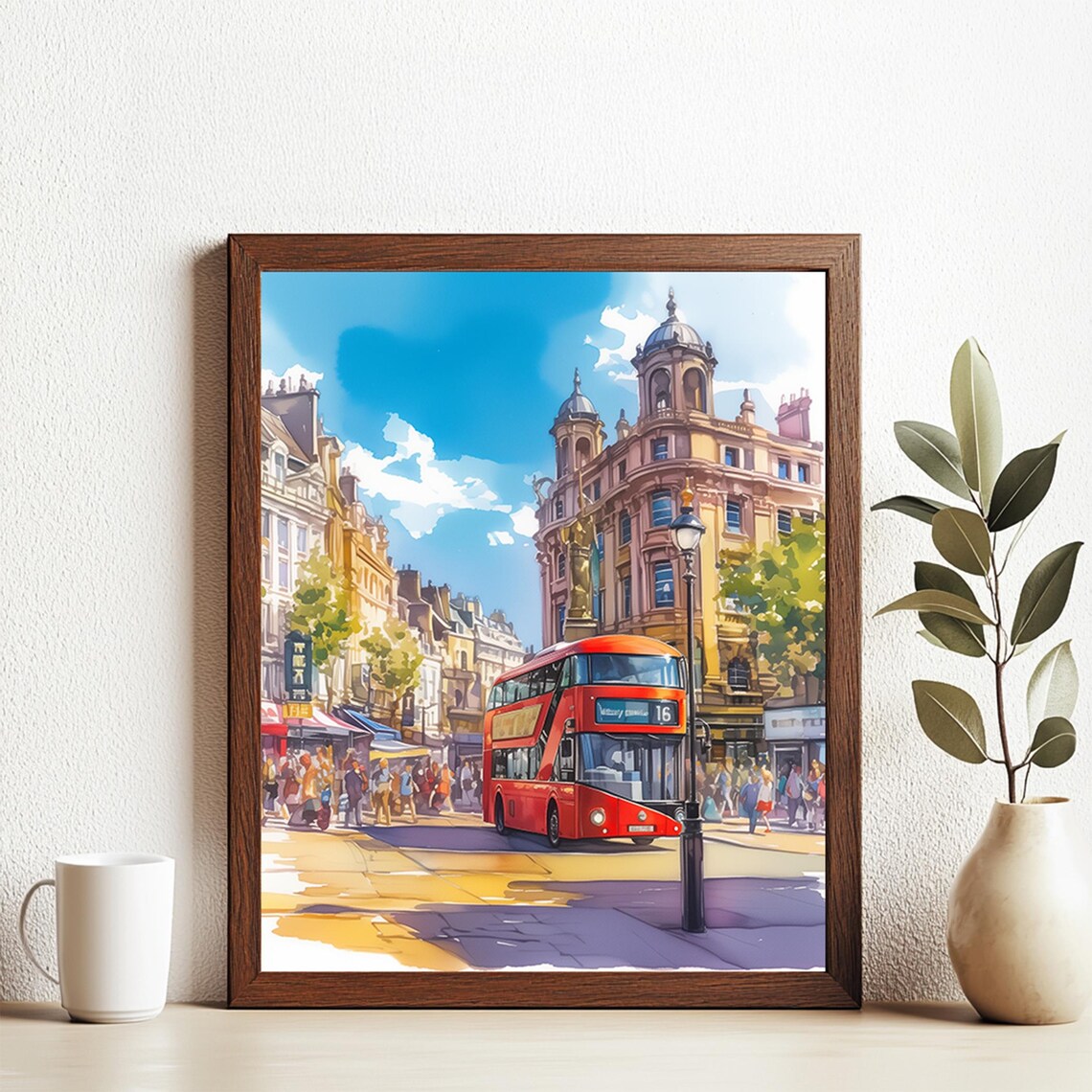 London Red Double Decker Bus Busy Street Watercolor City Poster