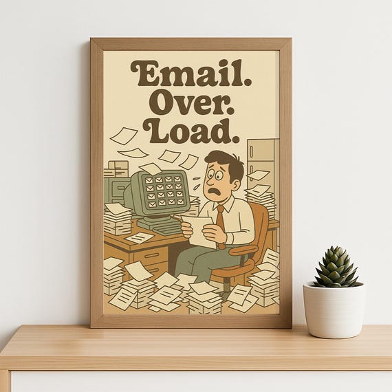 Funny Retro Office Poster Email Over Load Hilarious Chaos Art Print 70s Style Desk Decor