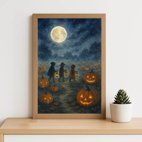 Halloween Lantern Walk Print Watercolor Pumpkin Patch Illustration Kids In Cloak Under Full Moon Spooky Night Wall Art Decor