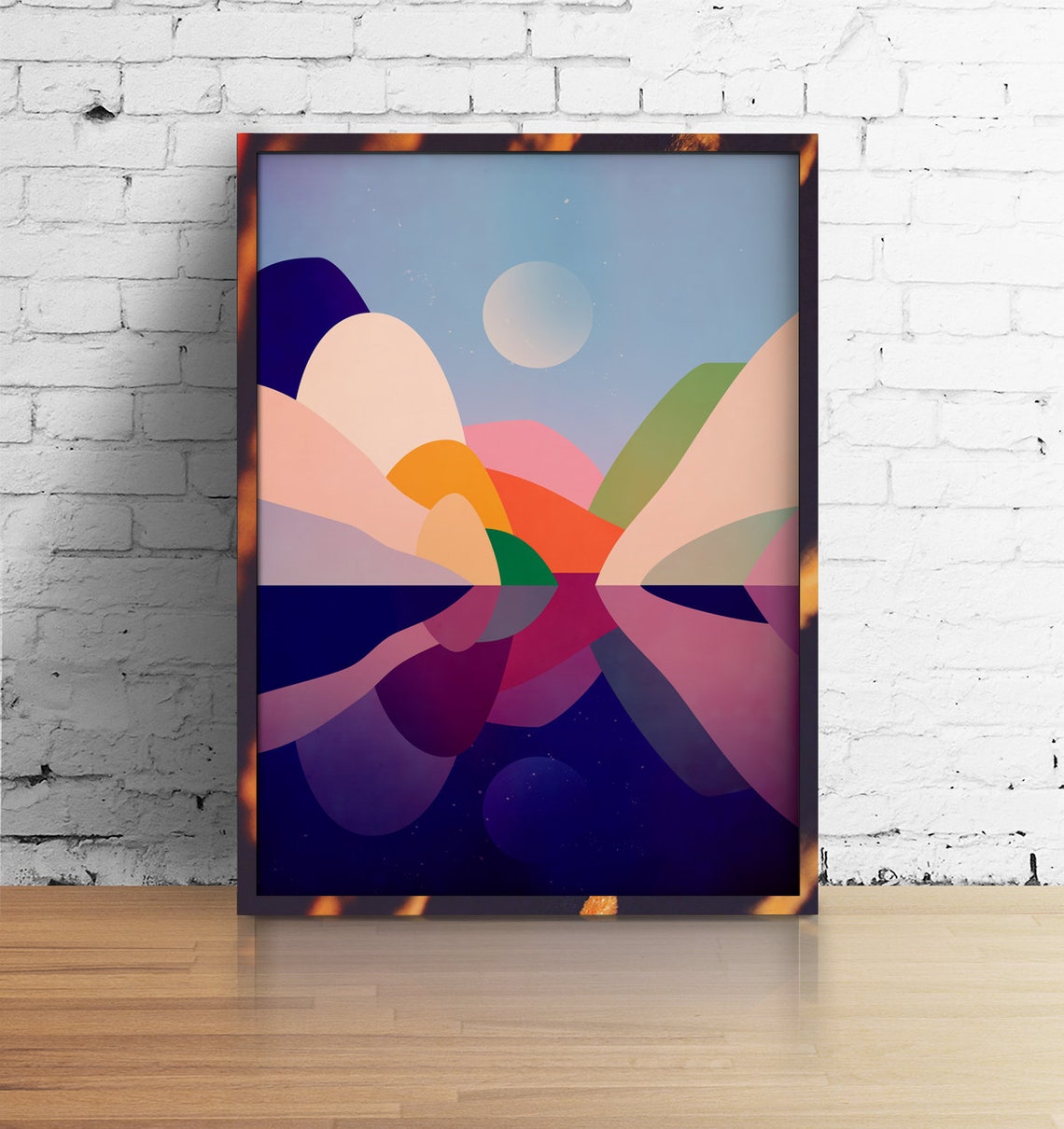 Day and Night Abstract Landscape Pastel Hills Starry Sky Art Poster - Image 3