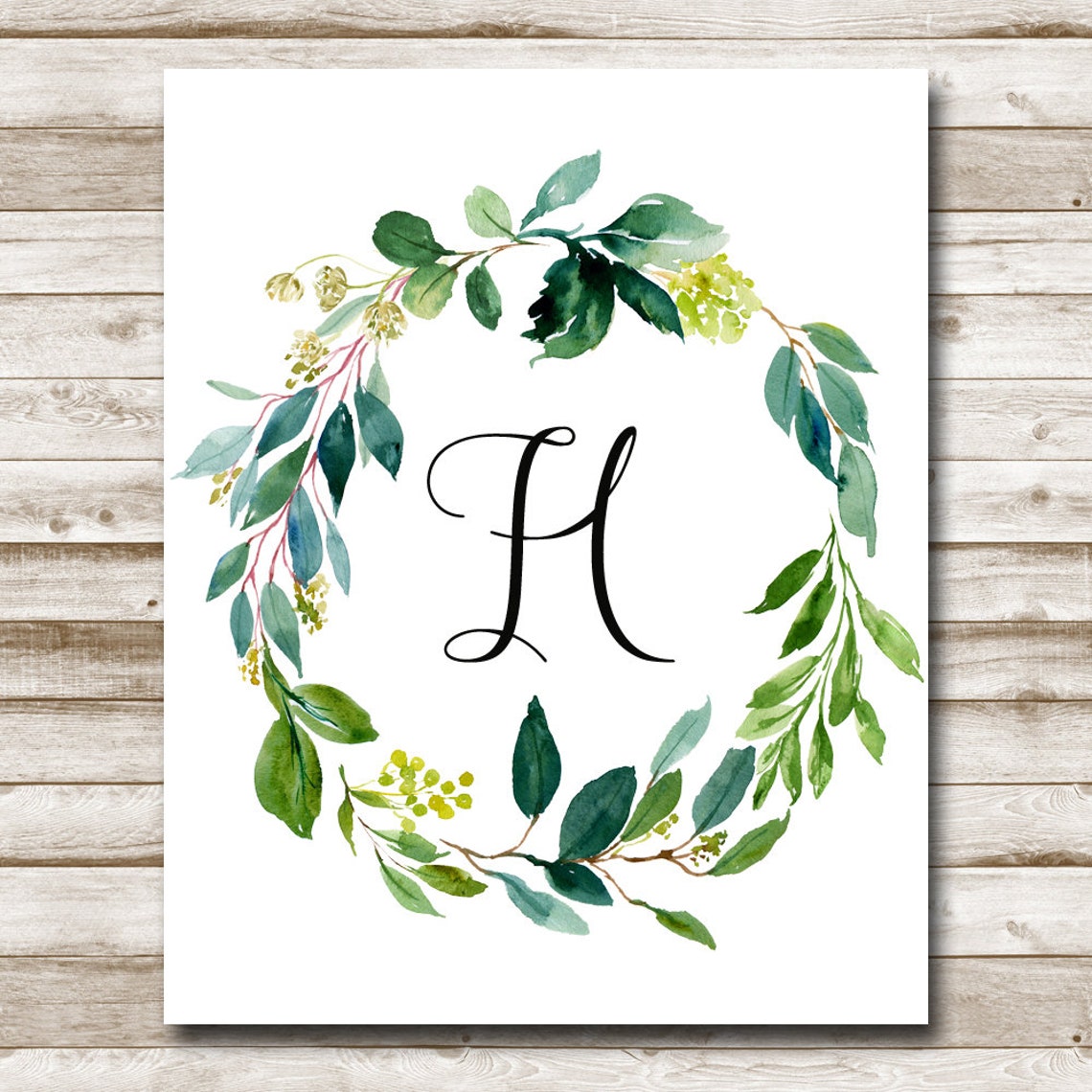 Script Monogram Letter H Green Leaves Wreath Watercolor Poster - Image 4