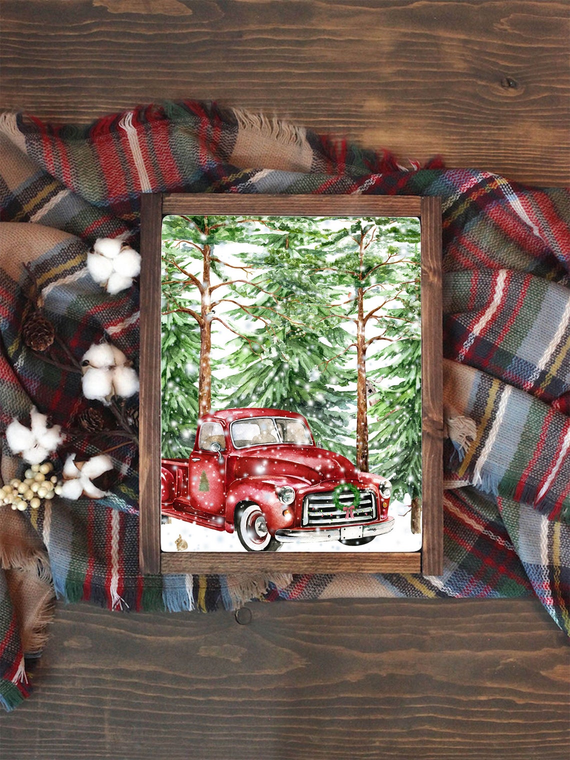Red Vintage Truck in Snowy Pine Forest Christmas Holiday Wall Art - Image 3