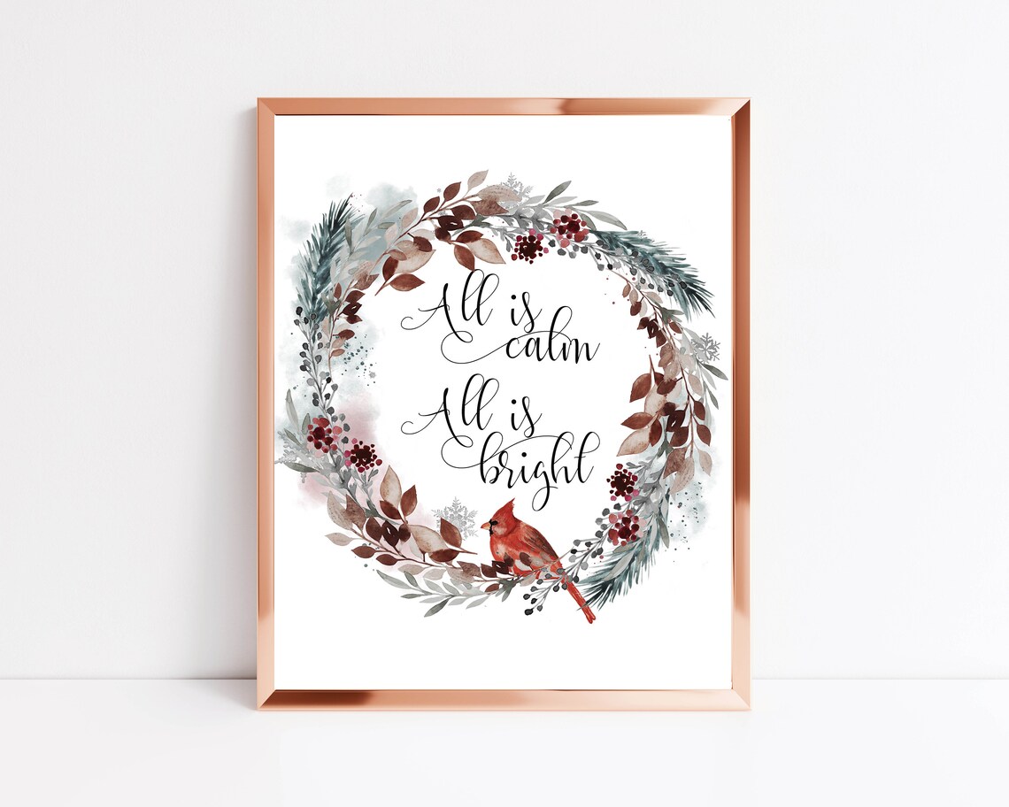 All Is Calm All Is Bright Christmas Wreath With Red Cardinal Poster - Image 2