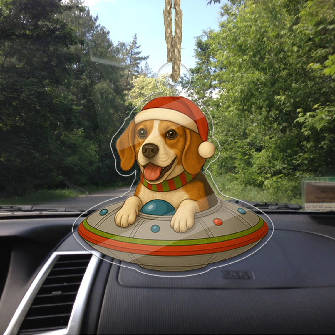 Personalized Beagle In UFO Christmas Ornament Santa Hat Acrylic Print