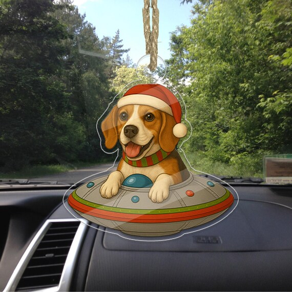 Personalized Beagle In UFO Christmas Ornament Santa Hat Acrylic Print