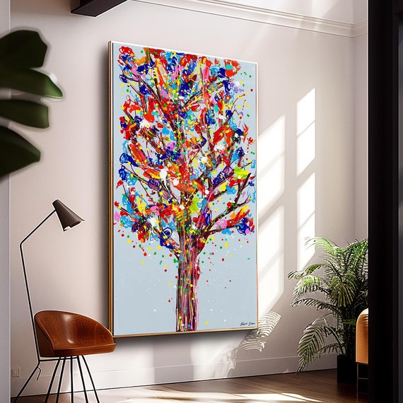 Abstract Tree Wall Art Print Colorful Vertical Unique Narrow Artwork For Living Room And Hallway Contemporary Decor Bold Vivid