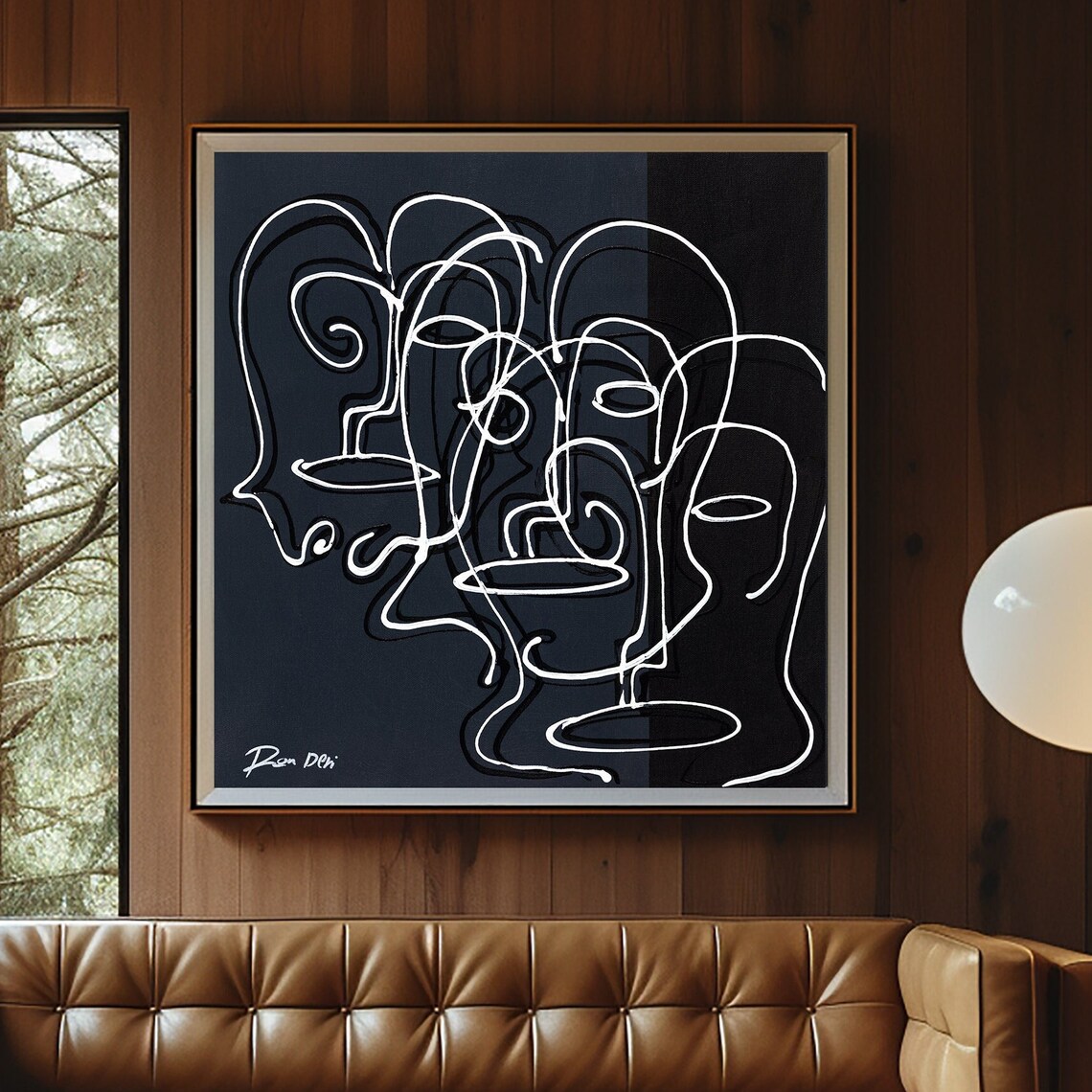 Clustered White Line Faces Black Square Abstract Artwork Poster