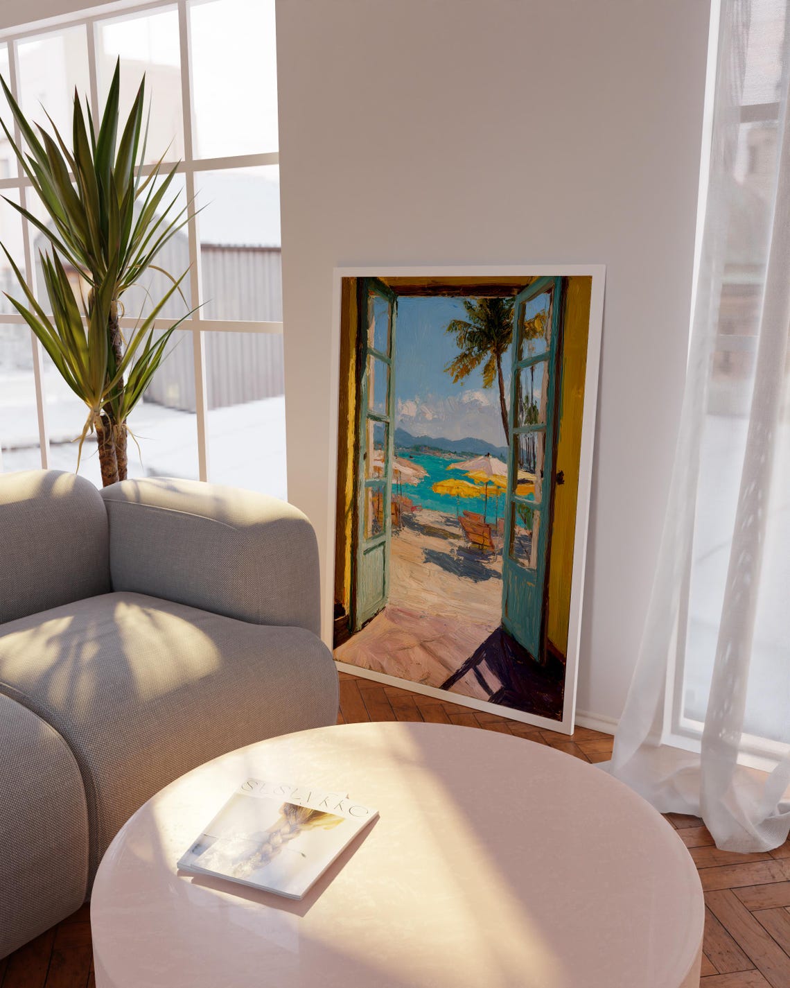 Tropical Beach View Through Open Teal Doors Coastal Summer Poster
