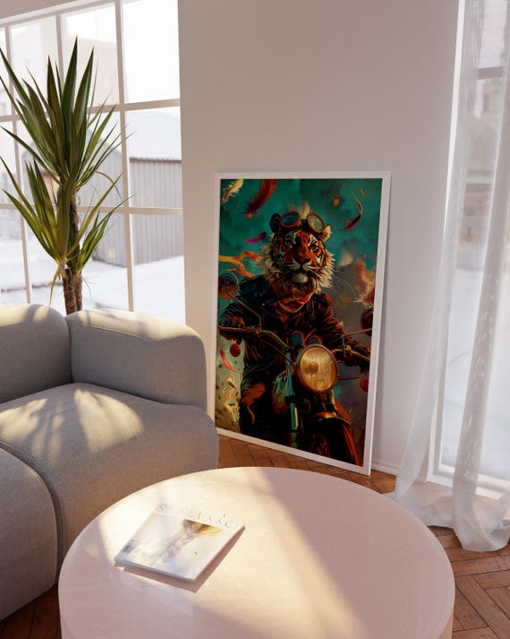 Motorcycle Riding Tiger Wall Art Maximalist Dopamine Decor Colorful Poster