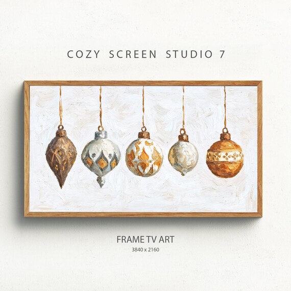 Gold White Christmas Ornaments Painted Baubles Frame TV Art Poster