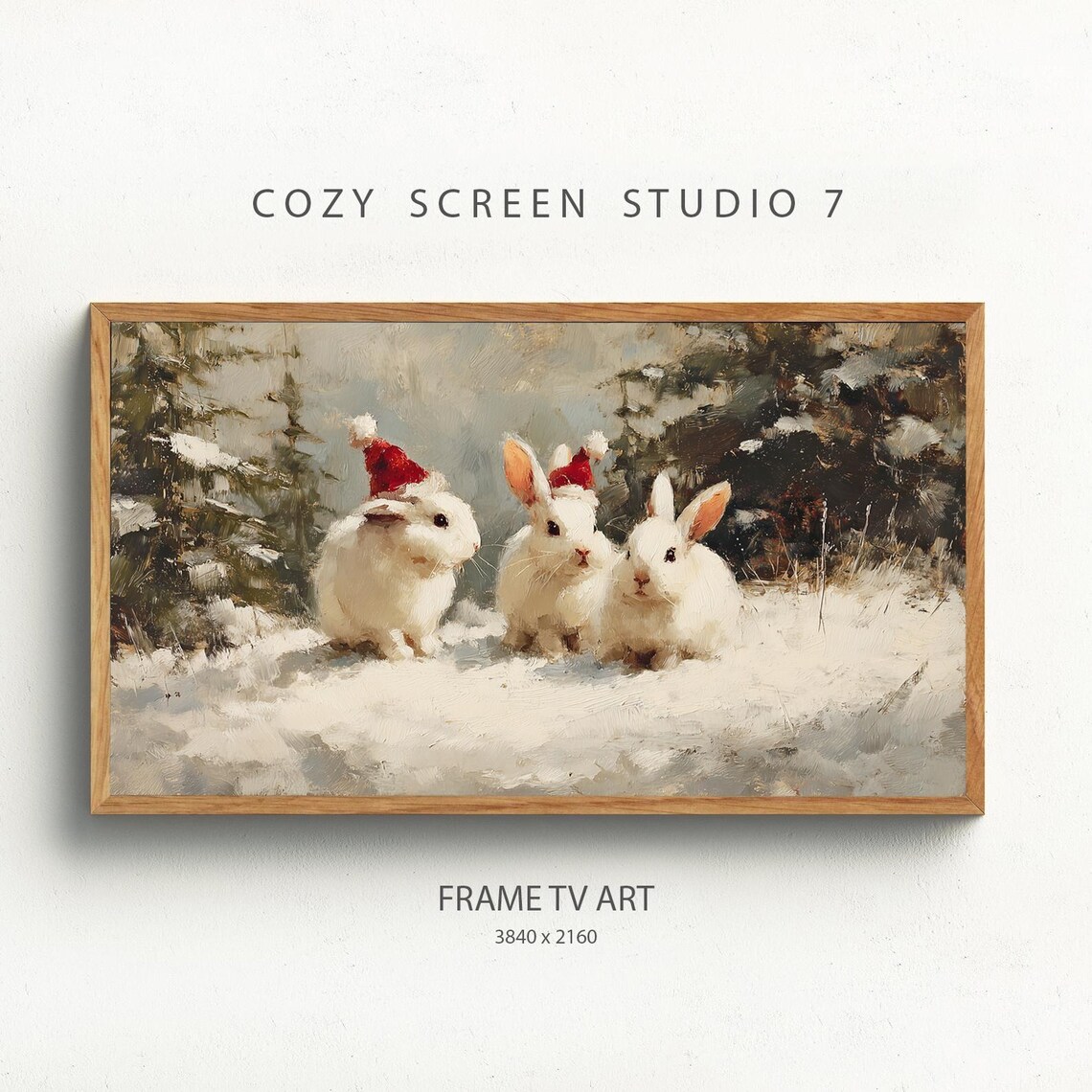 Snow Bunnies In Santa Hats Winter Holiday Frame TV Art Poster