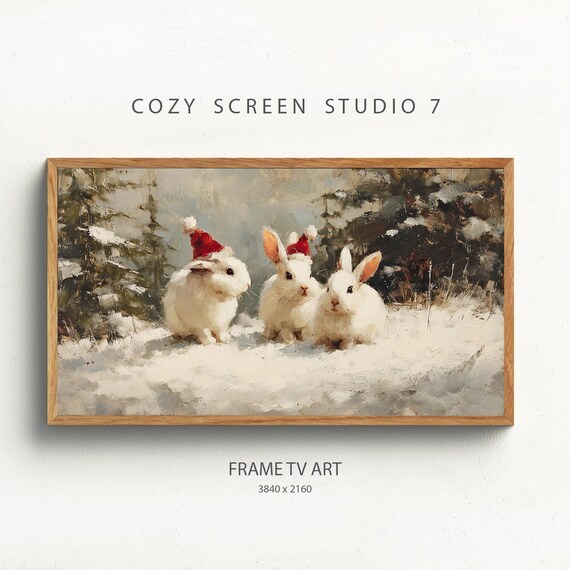 Snow Bunnies In Santa Hats Winter Holiday Frame TV Art Poster