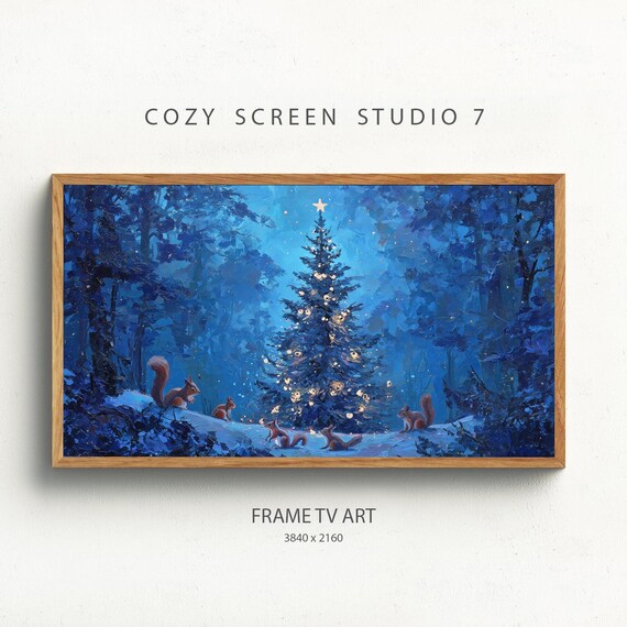 Five Squirrels Lit Christmas Tree Blue Snowy Night Frame TV Poster