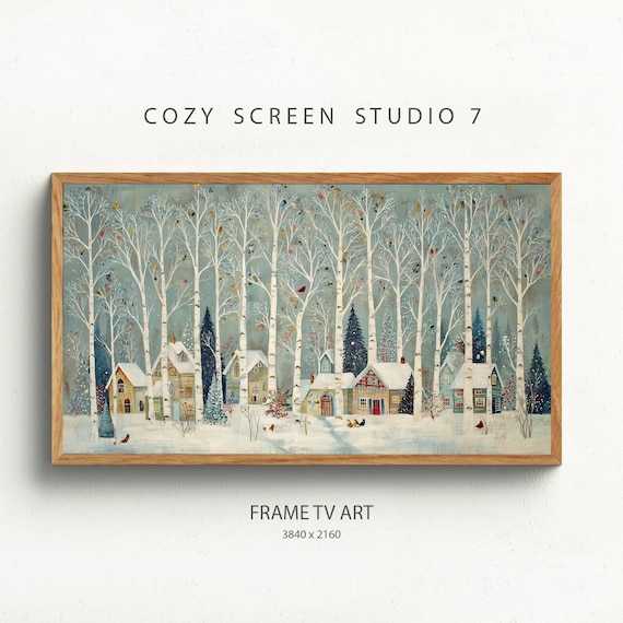 Winter Birch Tree Village Art Print, Town Painting