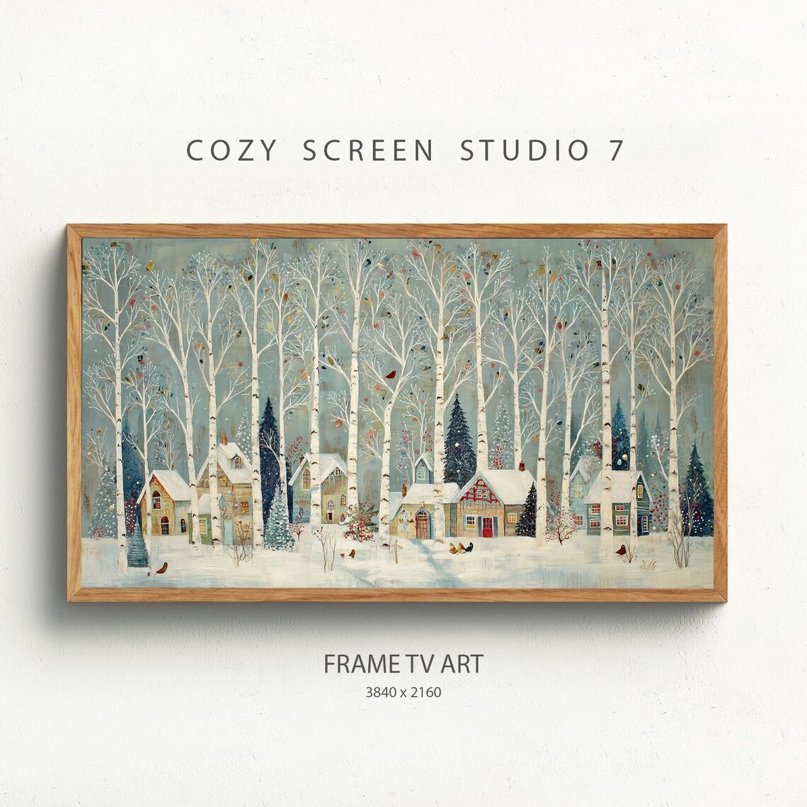 Winter Birch Tree Village Art Print, Town Painting