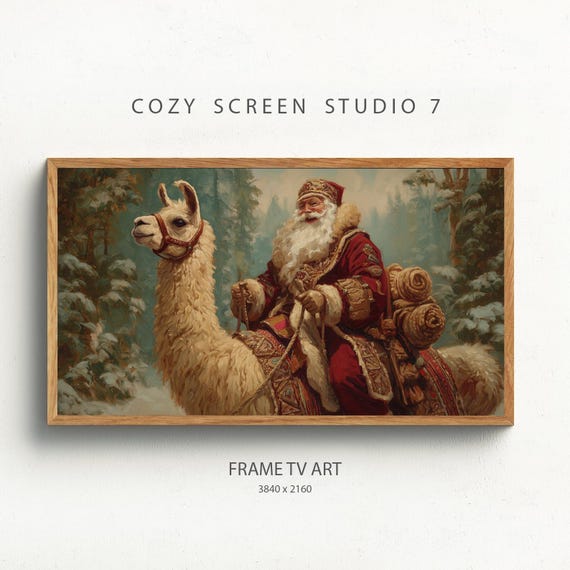 Santa Riding Llama Frame Tv Art Christmas Painting