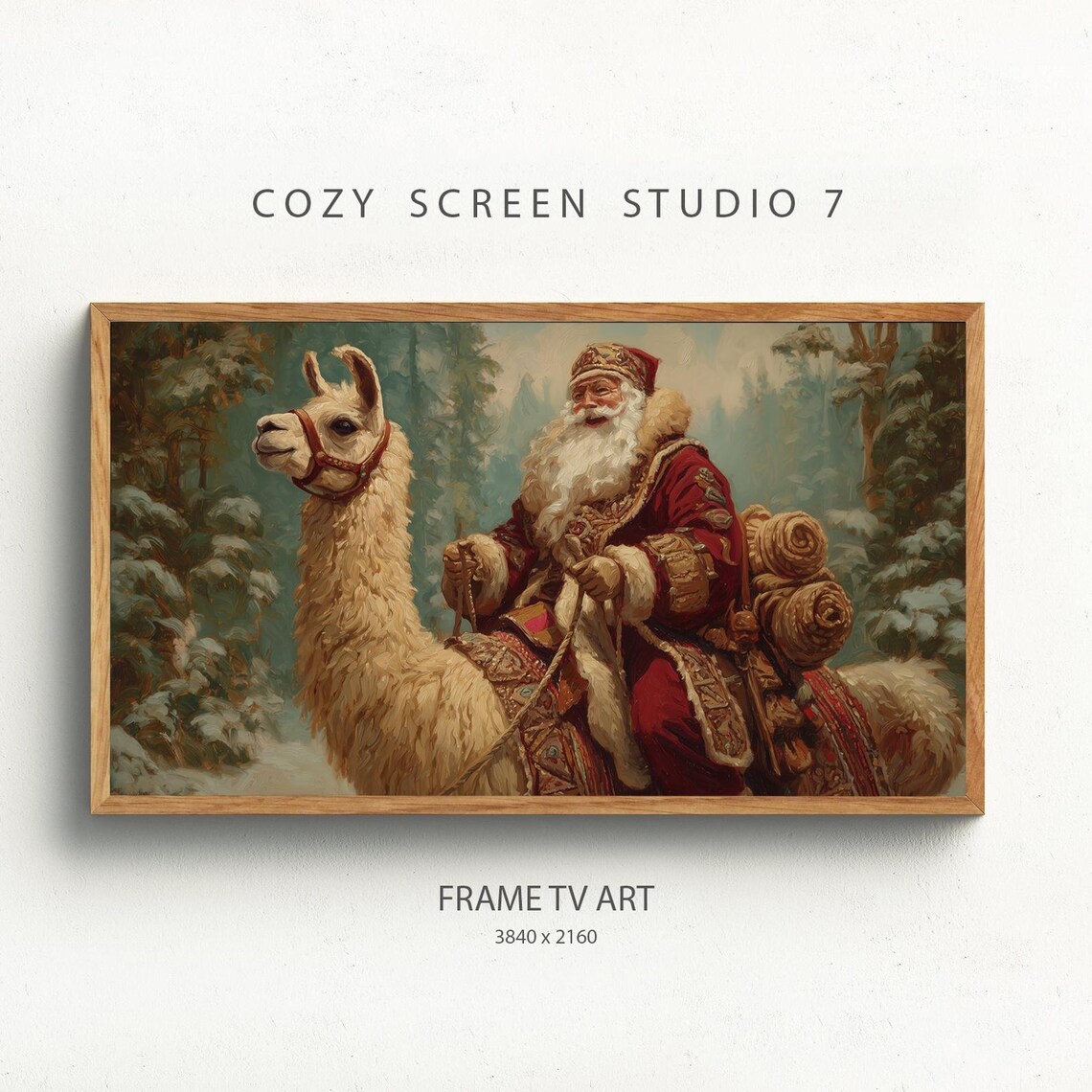 Santa Claus Riding a Llama Through a Snowy Forest Christmas Art Poster