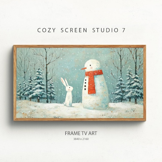 Cozy Snowman and Bunny Friends in Snowy Forest Winter Art Poster