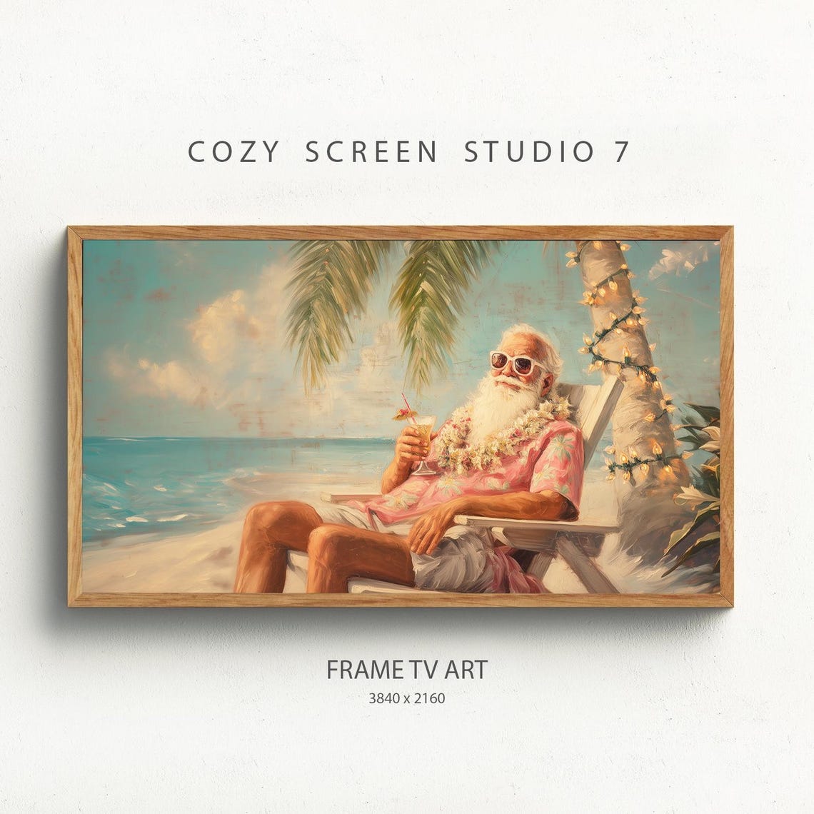 Tropical Santa Christmas Frame Tv Art Relaxing On The Beach Painting