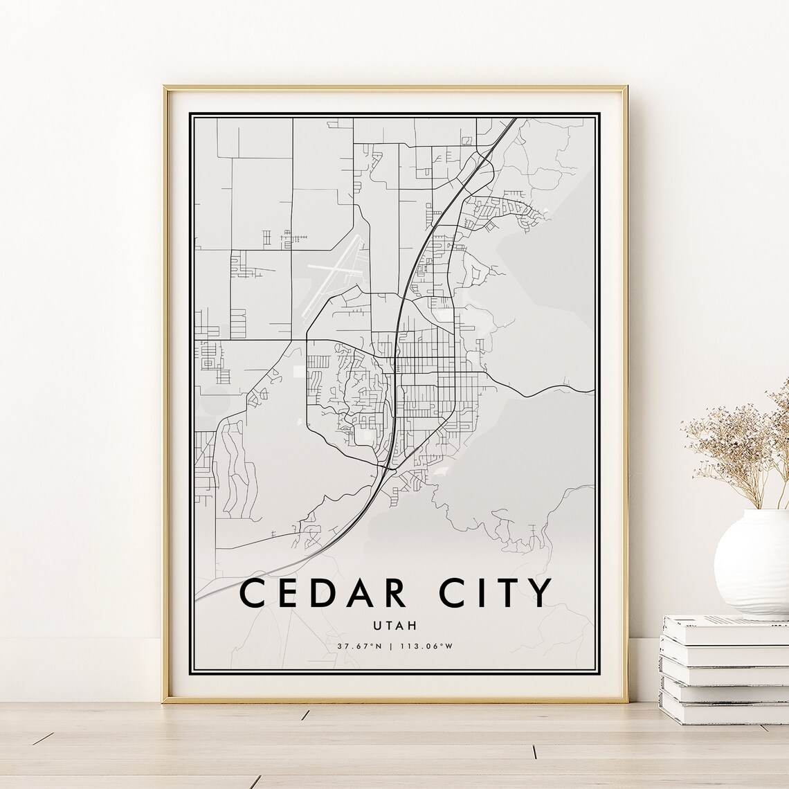 Cedar City Utah Minimalist Black White City Street Map Poster