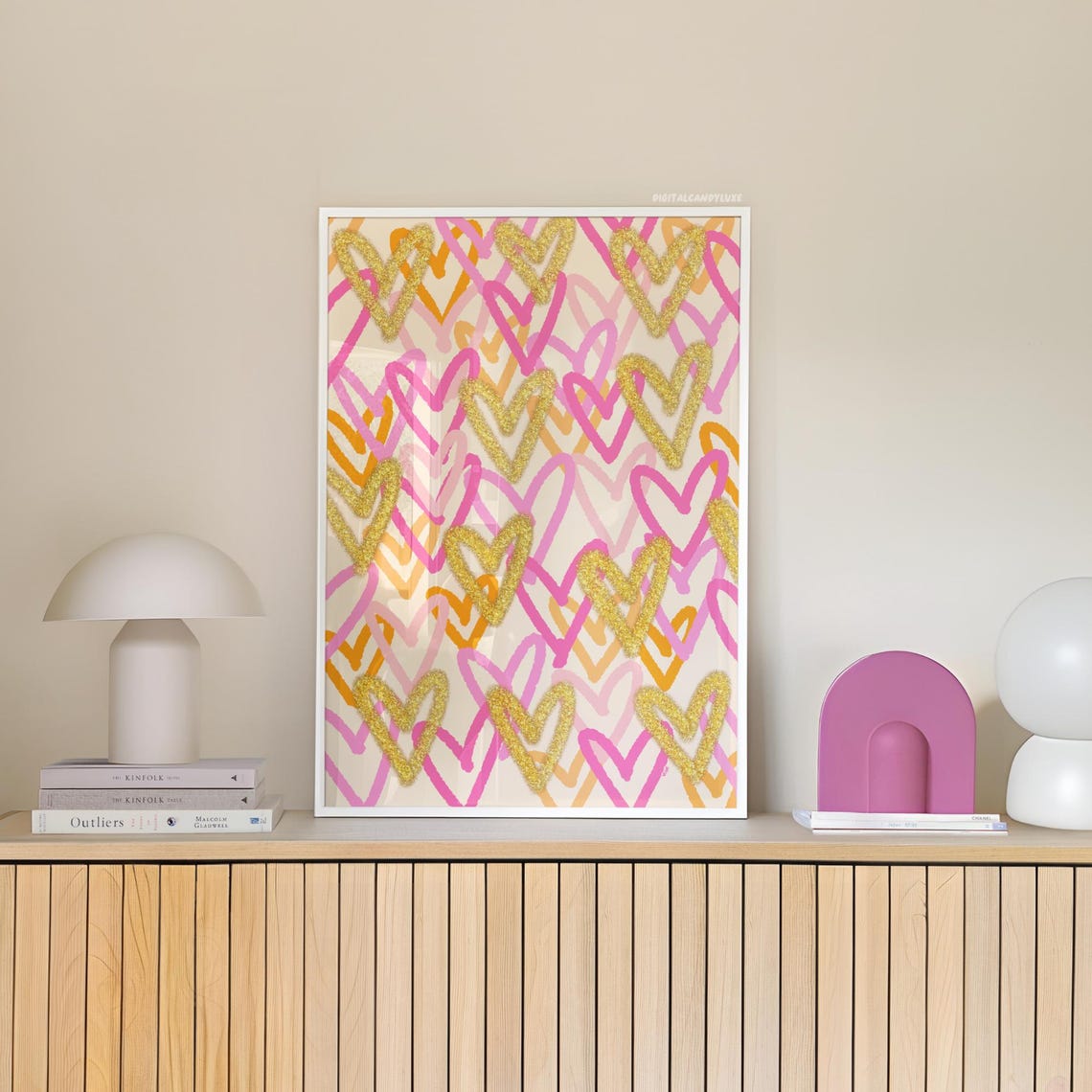 Pink Orange Gold Glitter Heart Pattern Girly Valentine Poster