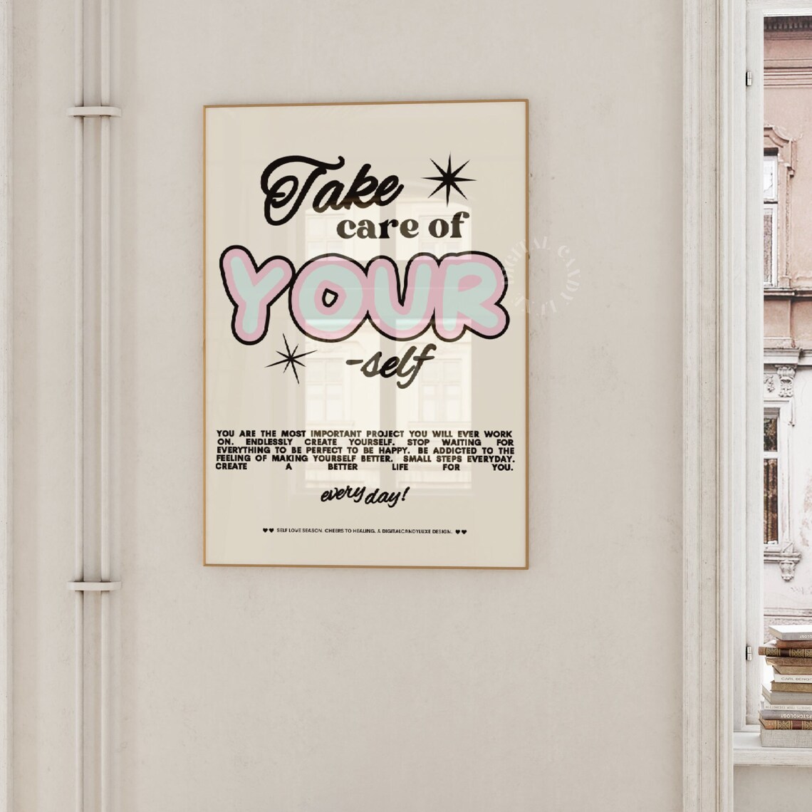 Take Care Affirmation Art Print, Retro Preppy