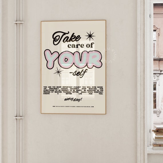 Take Care Affirmation Art Print, Retro Preppy