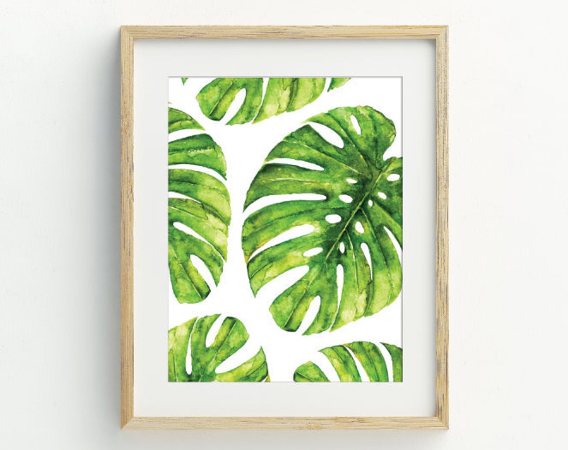Green Monstera Leaves Watercolor Tropical Botanical Wall Art Print