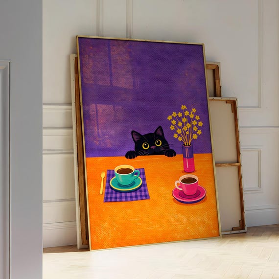 Sneaky Cat Kitchen Poster Retro Coffee Wall Art Whimsical Black Print Cozy Cafe Decor Colorful Digital File