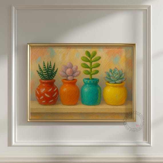 Succulent Art Print Potted Plant Wall Landscape Botanical Illustration Home Decor Kitchen