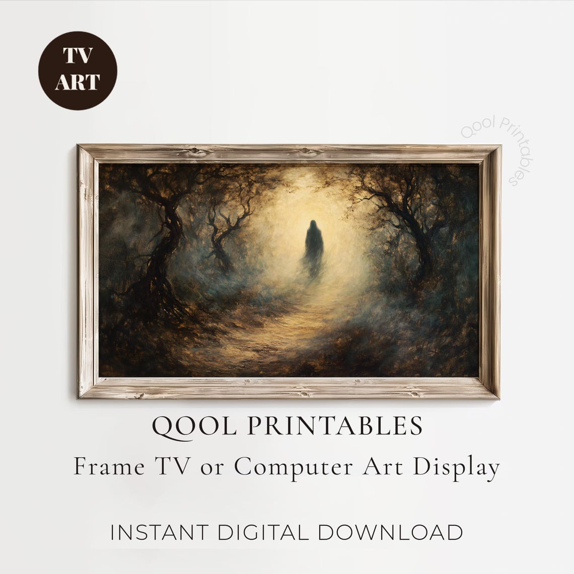 Ghostly Figure Misty Dark Forest Path Eerie Thriller Painting Poster