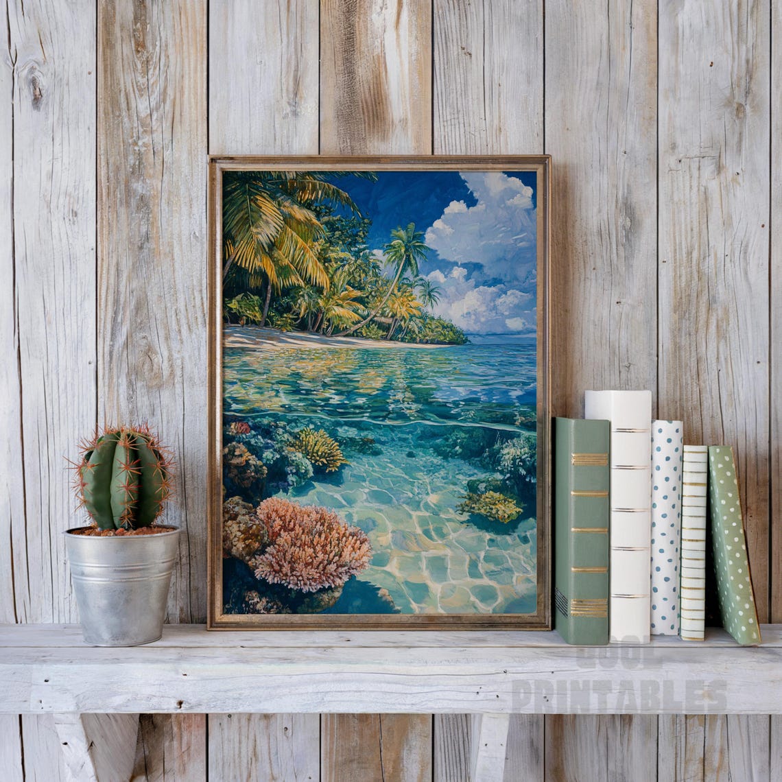 Tropical Beach Coral Reef Ocean Split View Seascape Painting Wall Art