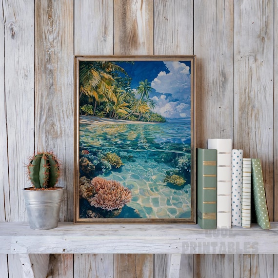 Tropical Beach Wall Art Coral Reef Ocean Print Split View Underwater Scene Coastal Impasto Painting House Decor